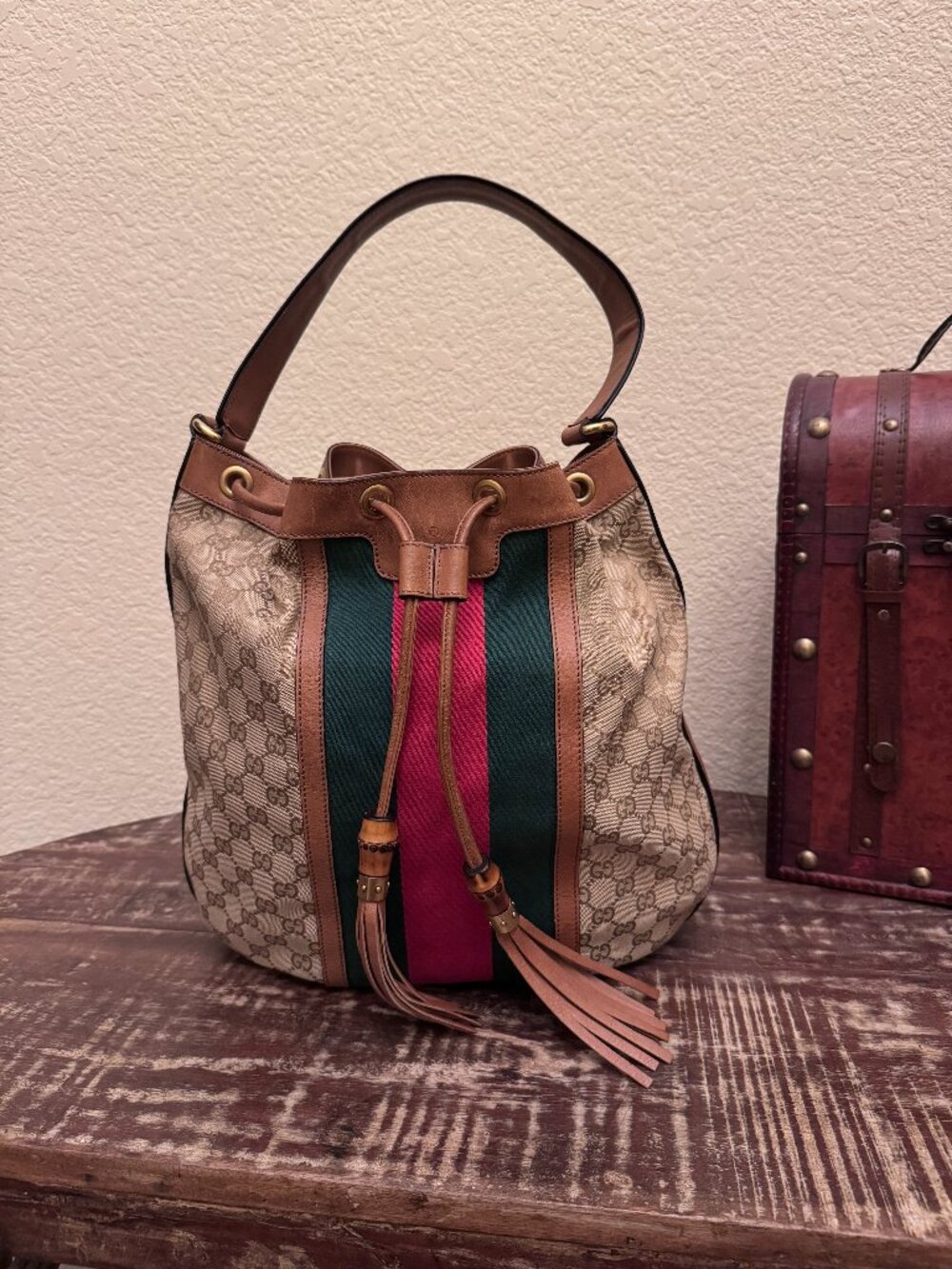Gucci GG Supreme Web Stripe Bucket Shoulder Bag + COA
